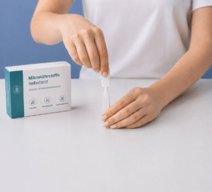 Frau führt einen Selbsttest für Vitamine und Mineralstoffe zuhause durch und entnimmt eine Probe für die Analyse des Nährstoffstatus.