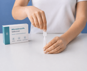 Frau führt einen Selbsttest für Vitamine und Mineralstoffe zuhause durch und entnimmt eine Probe für die Analyse des Nährstoffstatus.