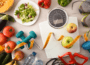 Gemüse, Obst, Waage und Sportequipment als Symbol für Abnehm-Mythen und gesunde Gewohnheiten.